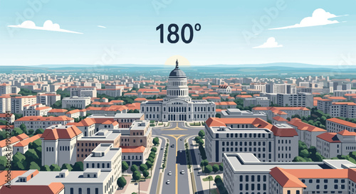Pixelated cityscape with a prominent dome-topped building and "180°" text