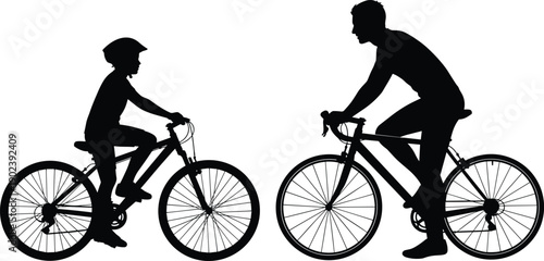 Active black silhouette vector illustration of a father teaching his son to ride a bicycle on isolated white background for family sport design concepts
