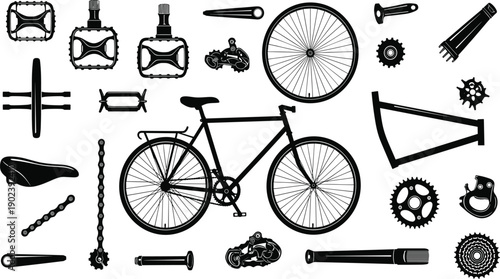 Black silhouette bicycle and components on white background bike part 1 pedal
