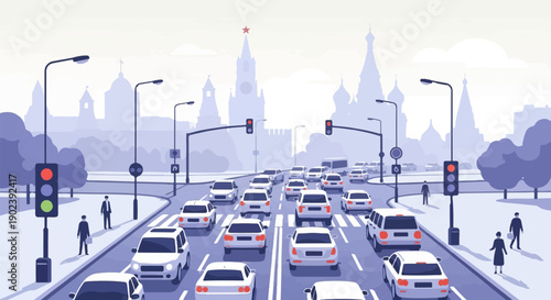 Pixelated city street with traffic jam and iconic Kremlin-like buildings