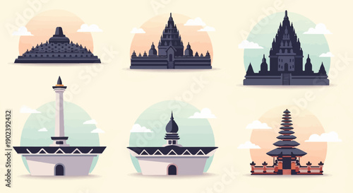 Pixel art illustrations of six distinct cultural landmarks against soft backgrounds