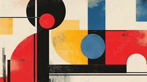 Abstract composition with large blue and red circles, yellow blocks, and black lines on textured beige background in modern style. Generative by AI