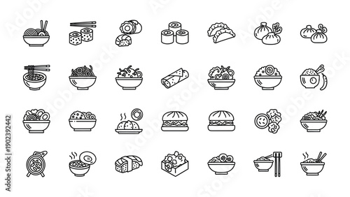 A Symphony of Culinary Delights: A collection of meticulously crafted line art icons showcasing a diverse array of delectable food items, evoking the rich tapestry of flavors from around the globe.