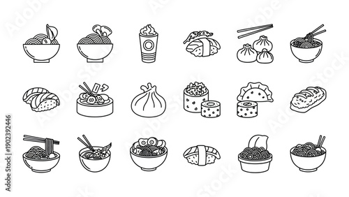 Asian Delights: A collection of various delicious Asian food icons, each crafted with precision and simplicity. Perfect for culinary design.