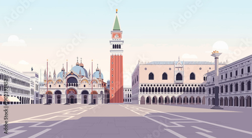 Pixelated digital art of a grand European plaza with a tall bell tower