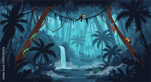 Pixel art jungle scene with toucans, geckos, a waterfall, and dense foliage