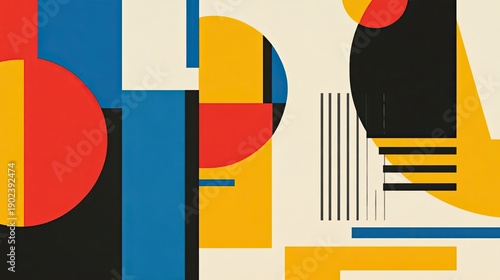 Abstract composition with large blue and red circles, yellow blocks, and black lines on textured beige background in modern style. Generative by AI