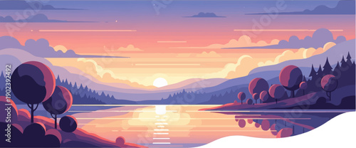 Pixel art landscape of a serene lake at sunset with rolling hills and trees