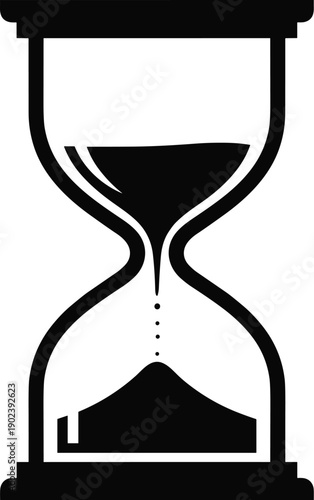 Black and white stylized hourglass illustration with flowing sand, symbolizing passage of time, deadlines, patience, balance, and time management concepts