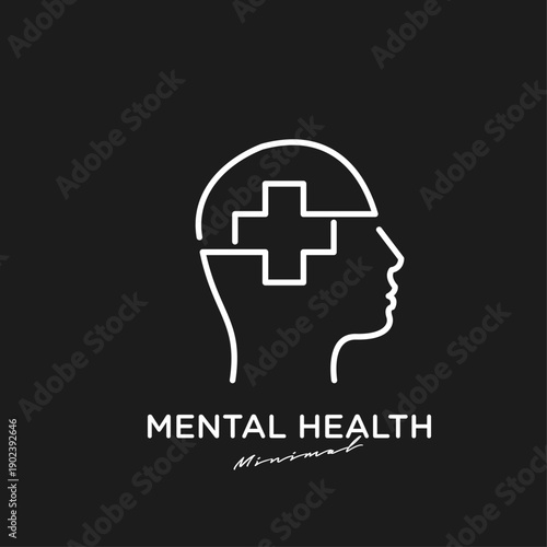 Minimalist Mental Health Icon: Line Art Human Head with Medical Cross Symbol