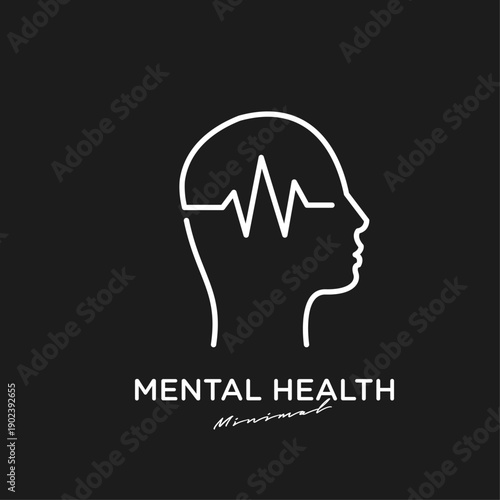 Minimalist Mental Health Logo with Human Head Profile and Brain Activity Line