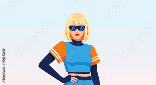 Pixelated blonde woman in sunglasses and athletic wear