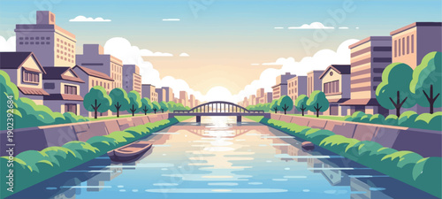 Pixel art of a calm river with a boat, bridge, and cityscape at sunset