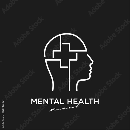 Minimalist Mental Health Concept. Human Head Profile with Medical Cross. Psychology and Well-being Line Art Illustration.
