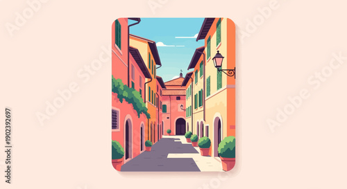 Pixel art of a colorful Mediterranean street lined with buildings