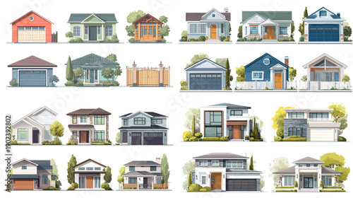 Collection of suburban house facades with porches garages and gardens. Residential home exteriors ideal for real estate visuals architecture references and neighborhood design.