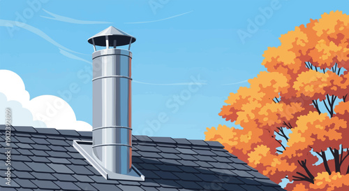 Pixel art of a metal chimney on a dark tiled roof with an autumn tree