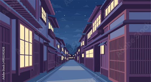 Pixel art of a quiet street lined with traditional buildings at night