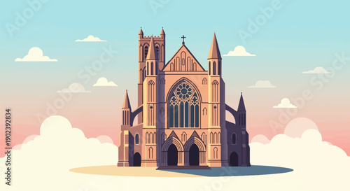Pixelated gothic cathedral facade against a pastel sky with clouds
