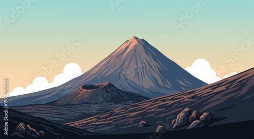 Pixel art of volcanic landscape with large peak and crater under soft sky