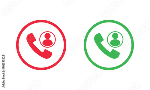 Two circular phone icons, red with white handset facing down to end call, and green with white handset facing up to answer call. Universal mobile communication symbols for apps and interfaces.