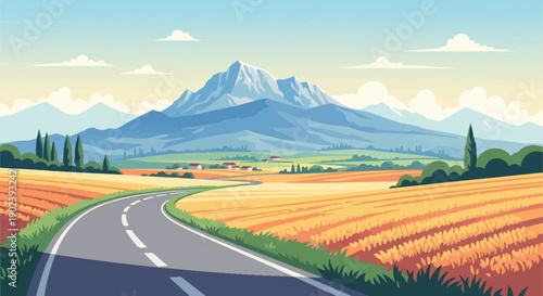 Pixelated rural landscape with a winding road through golden fields