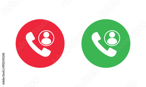 Two circular phone icons, red with white handset facing down to end call, and green with white handset facing up to answer call. Universal mobile communication symbols for apps and interfaces.