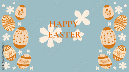Easter banner with decorative eggs forming a frame around Happy Easter text. Folk style ornaments, pastel blue background, perfect for holiday greetings and seasonal promotions.