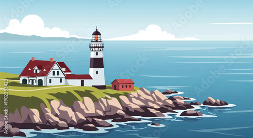 Pixelated seaside scene with a lighthouse and houses on a grassy cliff