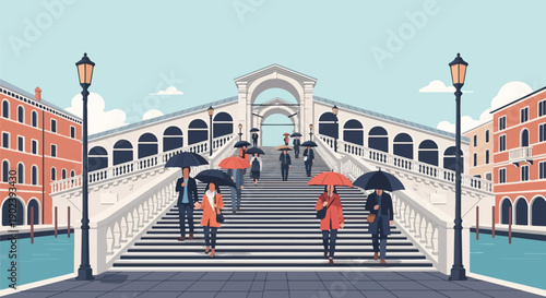 Pixelated scene of people with umbrellas crossing a bridge in a canal city