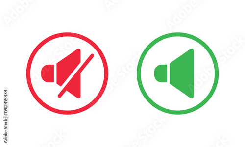 Two circular audio icons, red with muted speaker crossed out and green with active speaker. Clear UI symbols for sound control, mute and unmute states, ideal for apps, interfaces, and stock design.