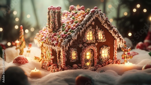 Gingerbread house decorated with candy, frosting, and lights sits in snowy miniature landscape with glowing candles. Generative by AI