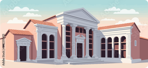 Pixelated illustration of a grand, classical building with columns and arched windows