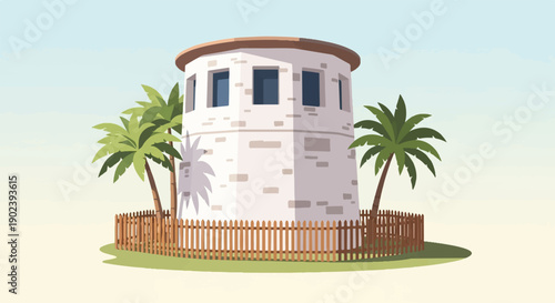 Pixelated stone tower with palm trees surrounded by a wooden fence