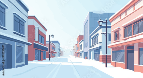 Pixelated streetscape lined with buildings, covered in winter snow