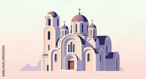 Pixelated illustration of a large, light-colored building with multiple domes