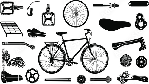 Black silhouette bicycle and various parts on white background bike components 1