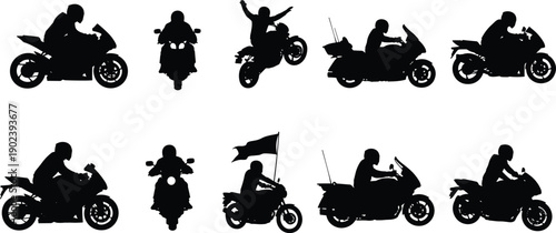 Motorcycle rider silhouettes collection featuring sport bike and touring motorbike poses, transportation and adventure lifestyle, isolated black vector illustration set