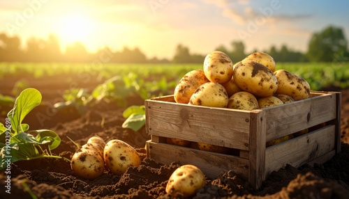 Farmers harvest potatoes in a field at sunset while placing them in a wooden crate on the ground