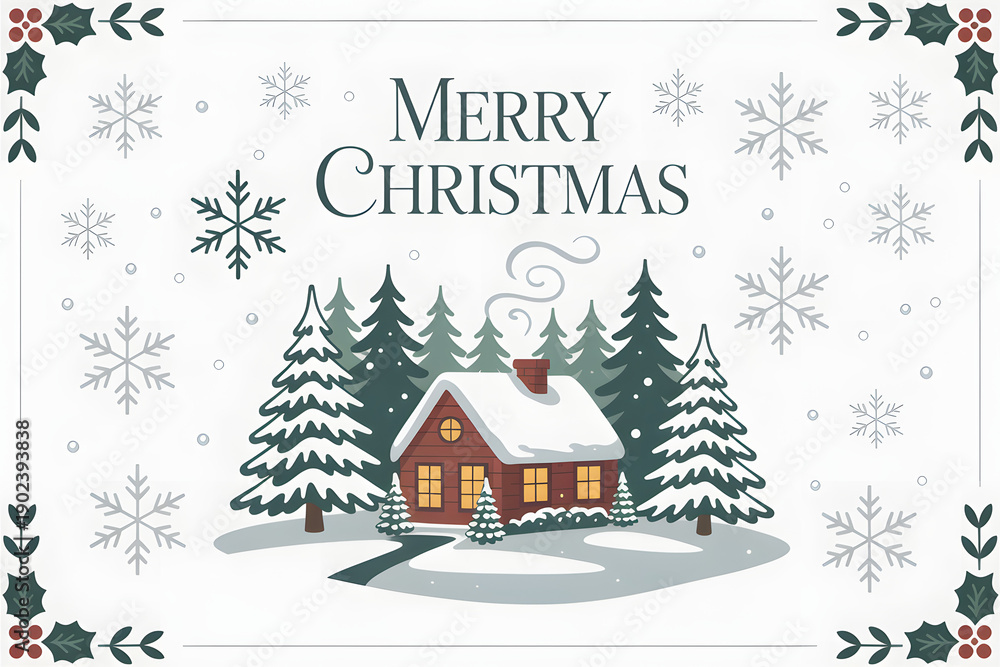 Fototapeta premium Merry Christmas text with trees and a house