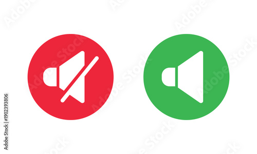 Two circular audio icons, red with muted speaker crossed out and green with active speaker. Clear UI symbols for sound control, mute and unmute states, ideal for apps, interfaces, and stock design.