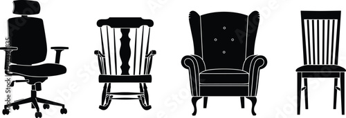 WebSet of black furniture silhouettes including modern ergonomic office chair rocking chair classic wingback armchair and wooden dining room chair isolated on white background