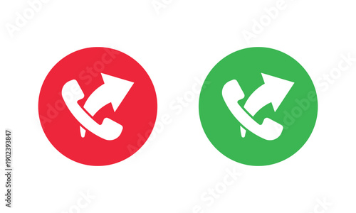 Two circular phone icons, red with white handset facing down to end call, and green with white handset facing up to answer call. Universal mobile communication symbols for apps and interfaces.