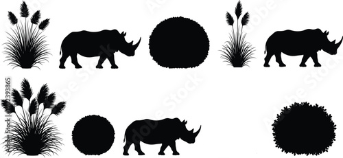 Vector, black, silhouette, illustration, set, of, rhinoceros, walking, in, the, savanna, with, wild, grass, and, bushes, for, safari, nature, wildlife, and, animal, conservation, design
