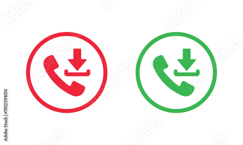 Two circular phone icons, red with white handset facing down to end call, and green with white handset facing up to answer call. Universal mobile communication symbols for apps and interfaces.