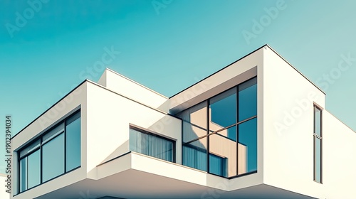 Large modern two-story house with symmetrical design, flat roof, glass windows, and wide concrete entrance path, surrounded by grass and bare trees under clear blue sky. Generative by AI