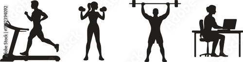 Fitness and Work Lifestyle Silhouette Set, Treadmill Running, Dumbbell Workout, Weightlifting and Office Desk Worker Vector