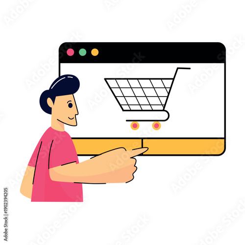 Cartoon man pointing at shopping cart on screen