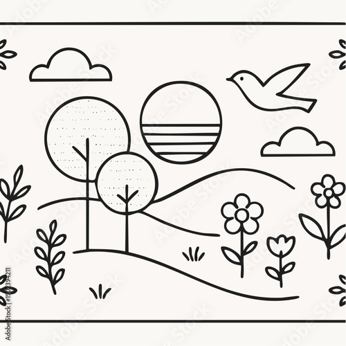 sun‑washed line‑art landscape with trees, hills, and drifting clouds capturing quiet wonder, gentle balance, and the poetry of simple forms
