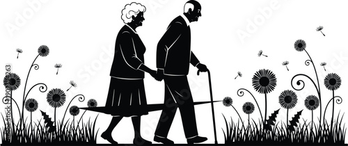 Black silhouette of happy elderly couple walking together in garden with dandelions isolated on white for senior retirement lifestyle and healthcare design elements